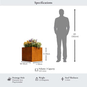 Corten steel planter with dimensions and features displayed